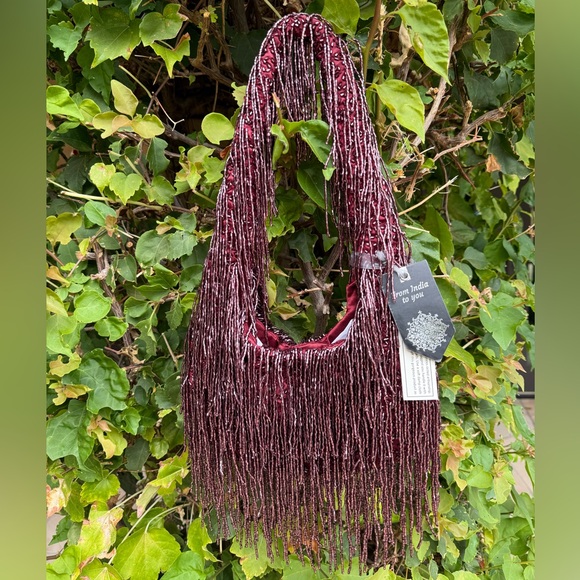 NWT Beaded Fringe Maroon Wine Red Shoulder Bag Made in India Handcrafted Fall - Picture 1 of 3